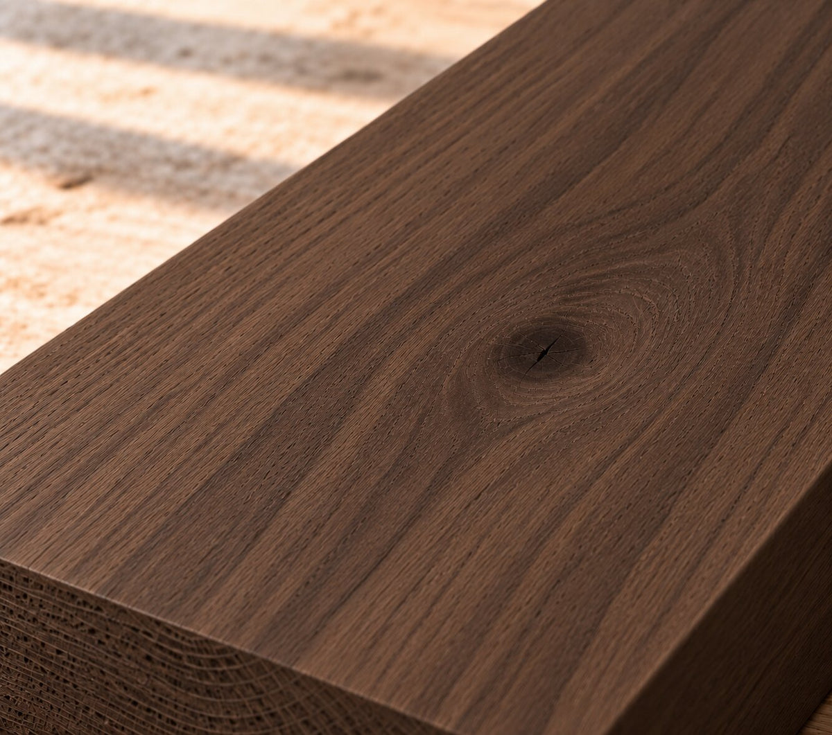 Close-up of solid smoked oak showing pronounced grain and deep dark-brown colour
