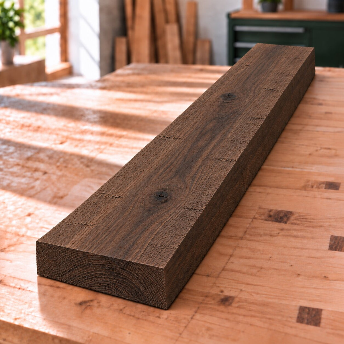 Rough-sawn solid smoked oak board on a woodworking bench