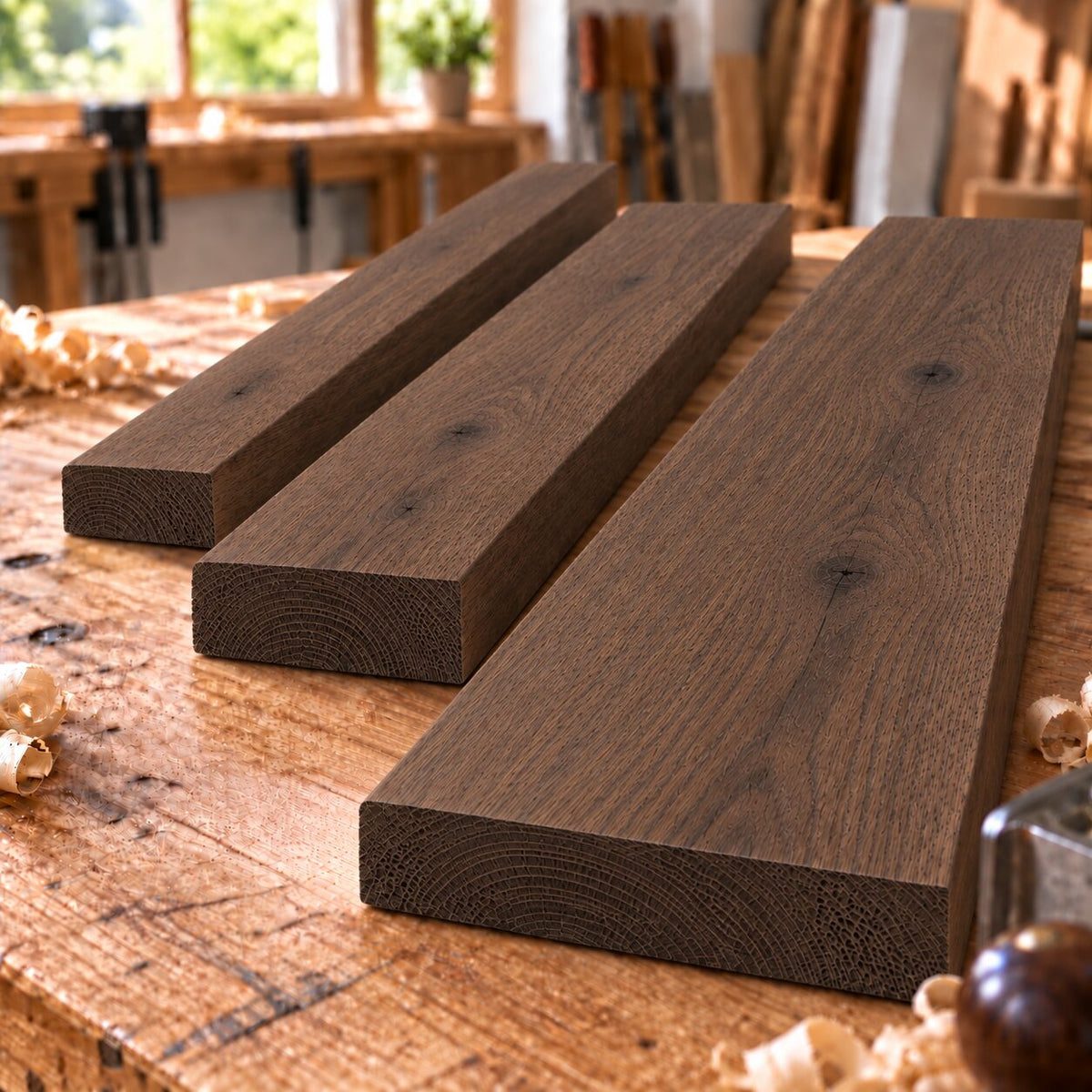 Solid smoked oak boards in three different widths on a woodworking bench