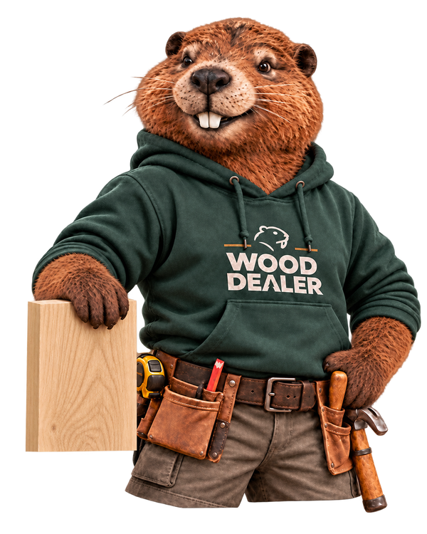 Wood Dealer beaver mascot presenting a solid oak board
